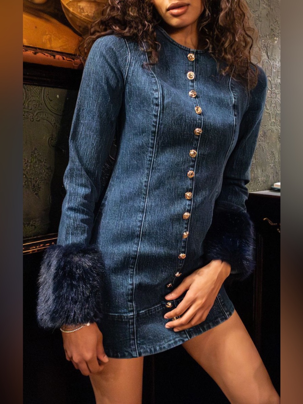 Show Me Your MuMu Rockefeller Fur Cuff Mini Dress NWOT Size S 90s Chic Retro 70s